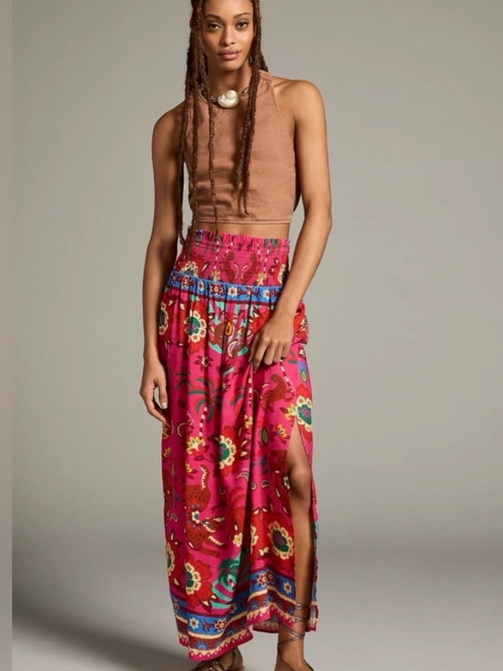 Bohemian Floral Maxi Skirt in Fuchsia Pink